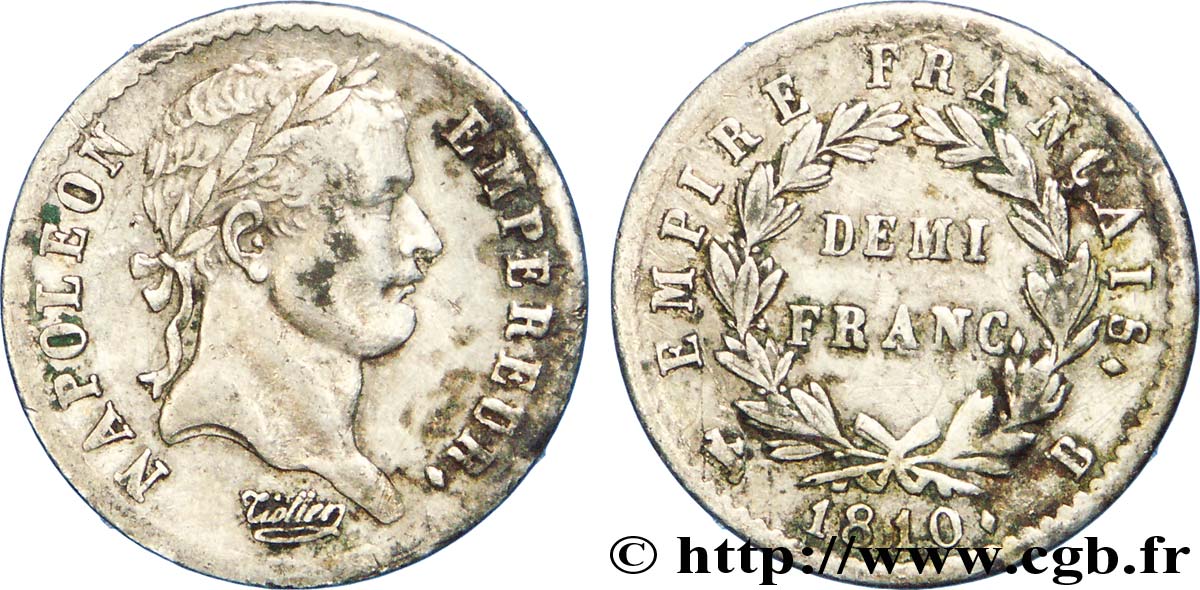 Demi-franc Napoléon Ier tête laurée, Empire français 1810 Rouen F.178/11 TTB45 