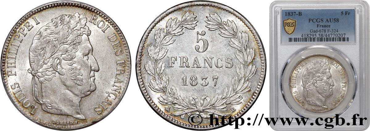 5 francs IIe type Domard 1837 Rouen F.324/62 AU58 PCGS