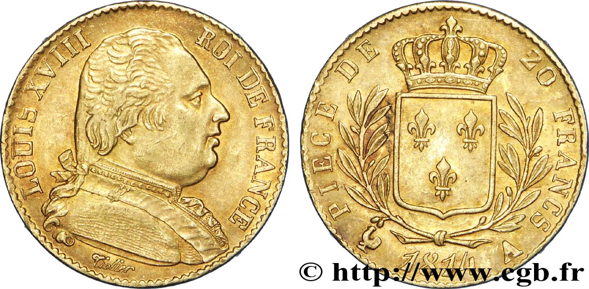 20 francs or Louis XVIII, buste habillé 1814 Paris F.517/2 AU55 