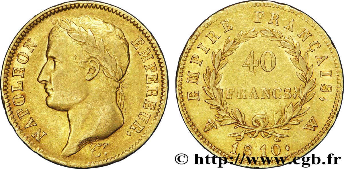 40 francs or Napoléon tête laurée, Empire français 1810 Lille F.541/5 XF45 