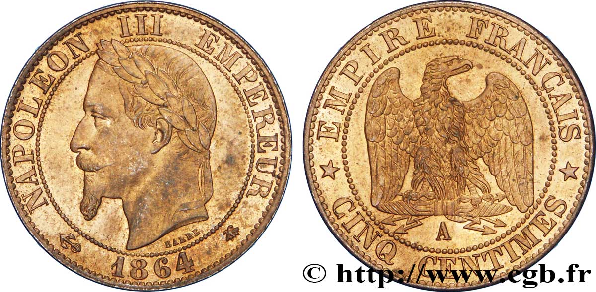 Cinq centimes Napoléon III, tête laurée 1864 Paris F.117/13 SUP62 