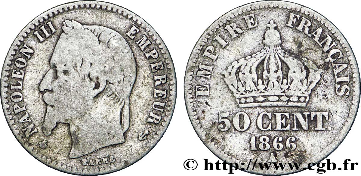 50 centimes Napoléon III, tête laurée 1866 Paris F.188/9 TB20 