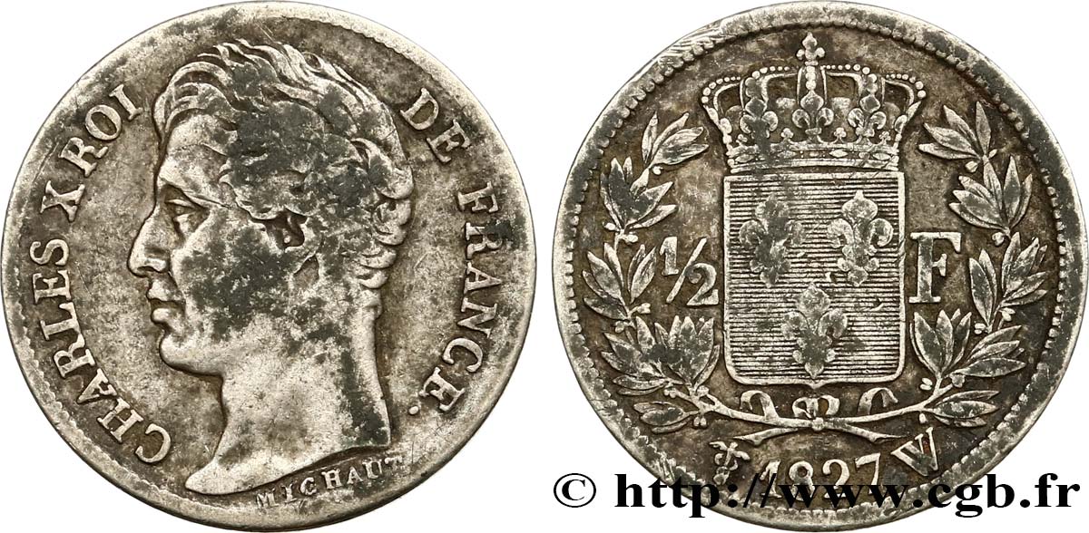 1/2 franc Charles X 1827 Lille F.180/24 TB28 