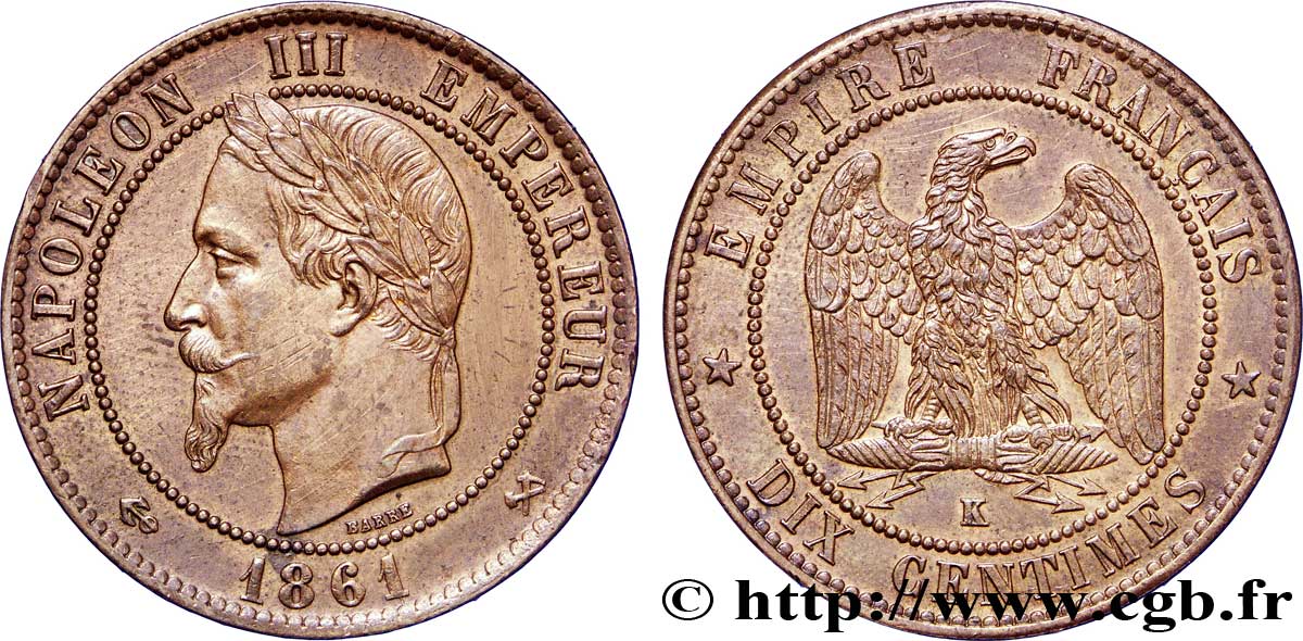 Dix centimes Napoléon III, tête laurée 1861 Bordeaux F.134/6 SUP+ 