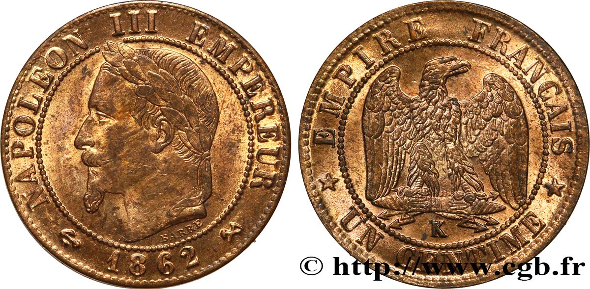Un centime Napoléon III, tête laurée 1862 Bordeaux F.103/7 VZ62 
