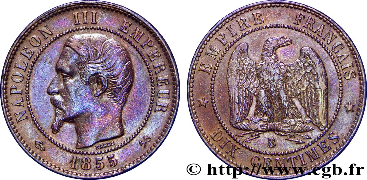 Dix centimes Napoléon III, tête nue 1855 Rouen F.133/22 XF45 