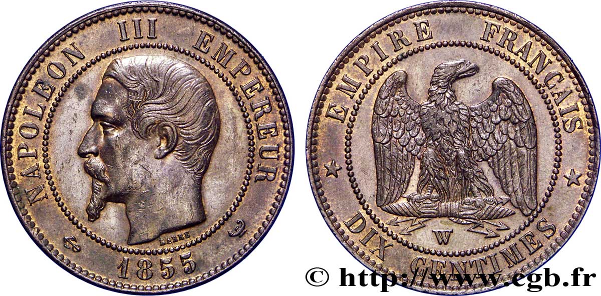Dix centimes Napoléon III, tête nue 1855 Lille F.133/33 SUP58 
