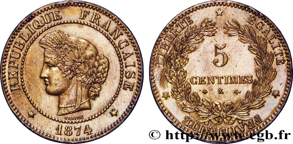 5 centimes Cérès 1874 Bordeaux F.118/10 SUP+ 