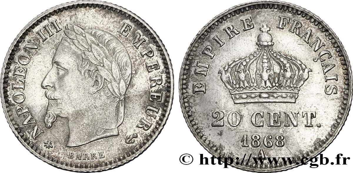 20 centimes Napoléon III, tête laurée, grand module 1868 Paris F.150/4 TTB48 