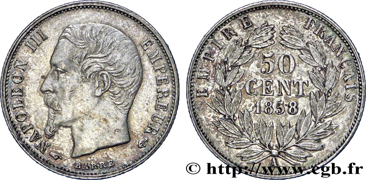 50 centimes Napoléon III, tête nue 1858 Paris F.187/9 AU50 