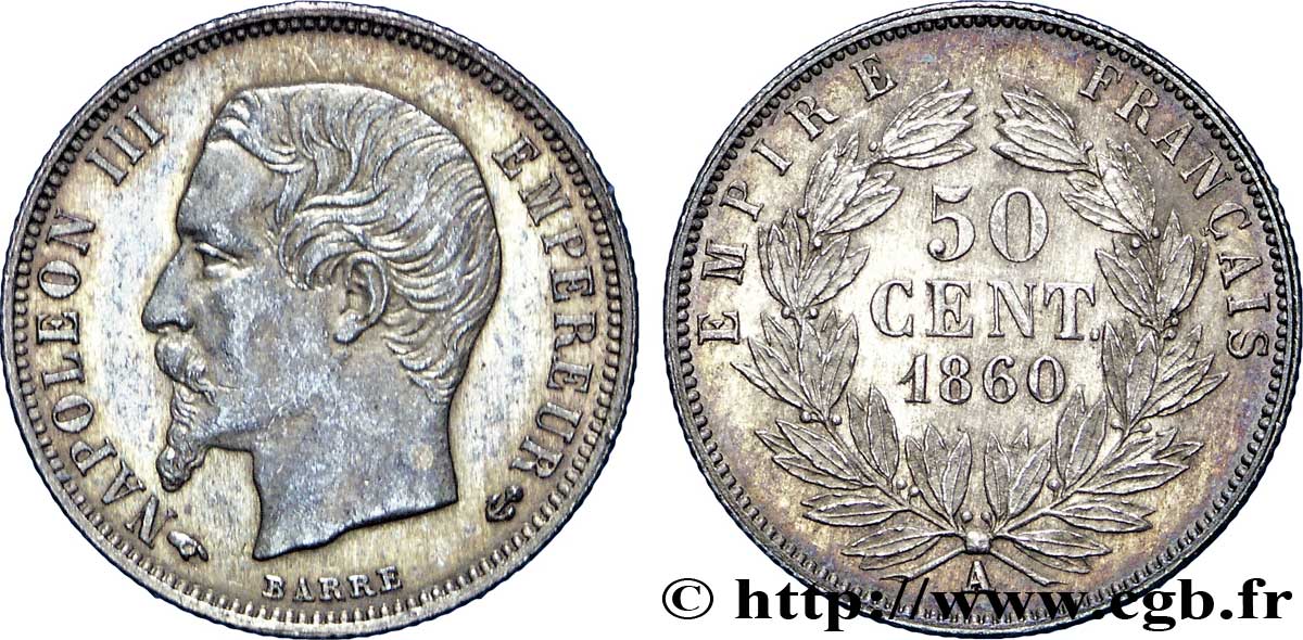 50 centimes Napoléon III, tête nue 1860 Paris F.187/13 SUP60 