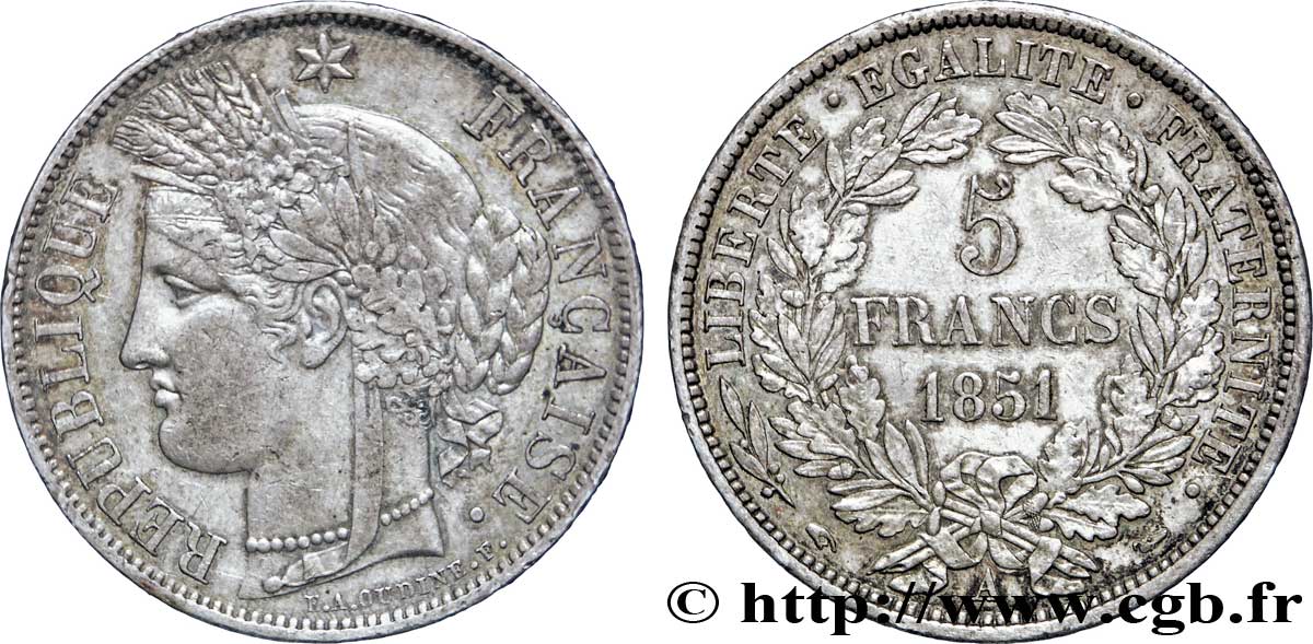 5 francs Cérès, IIe République 1851 Paris F.327/7 VZ55