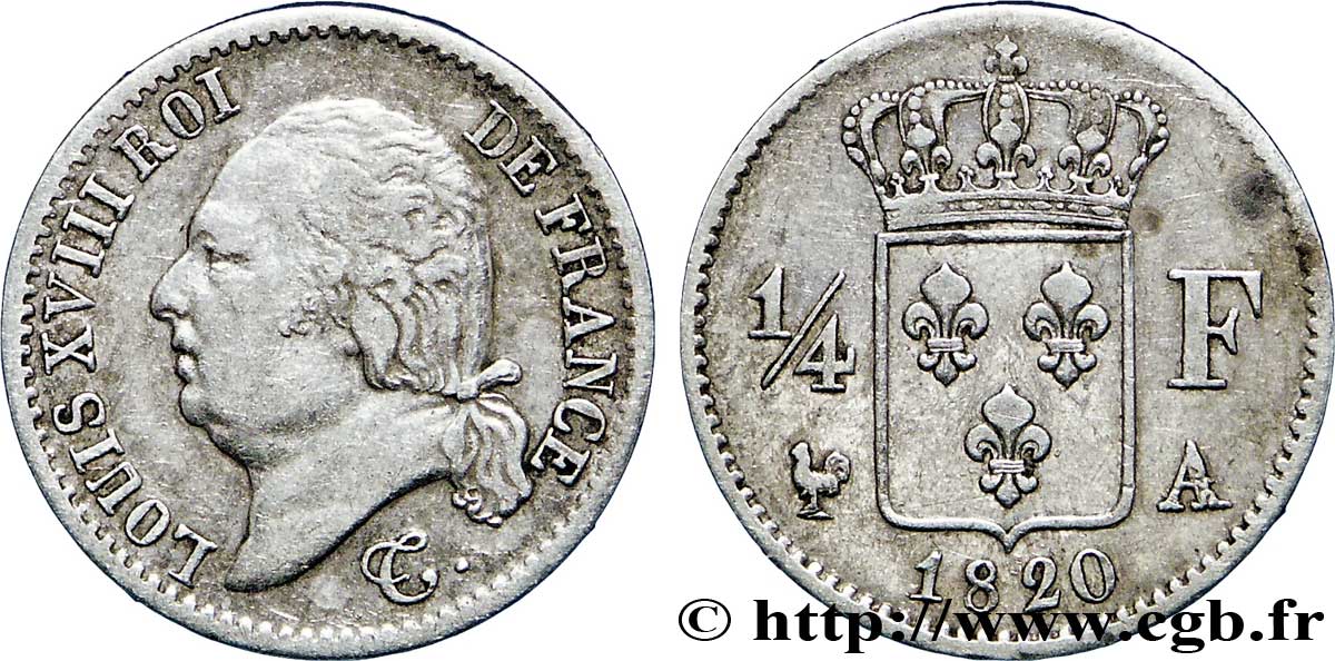 1/4 franc Louis XVIII  1820 Paris F.163/18 XF45 