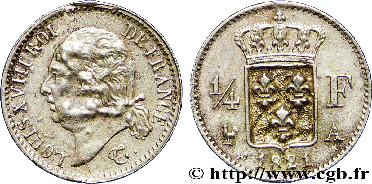 1/4 franc Louis XVIII 1821 Paris F.163/20 var. TTB 