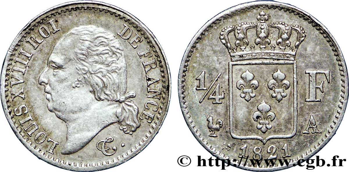 1/4 franc Louis XVIII, frappe “presque médaille” 1821 Paris F.163/20 var. SS53 
