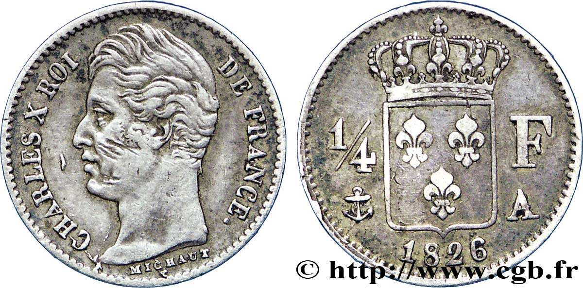 1/4 franc Charles X 1826 Paris F.164/2 TTB45 
