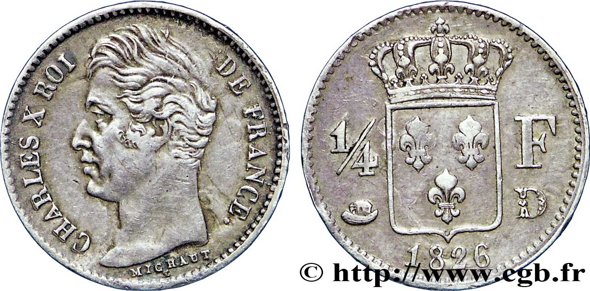1/4 franc Charles X 1826 Lyon F.164/4 TTB45