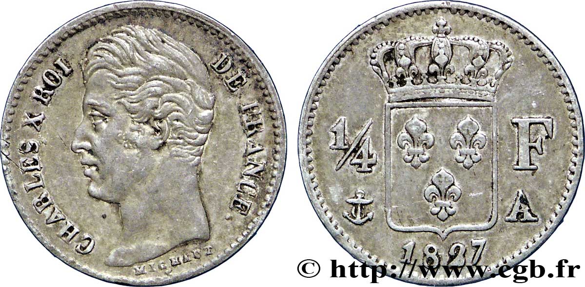 1/4 franc Charles X 1827 Paris F.164/10 TTB45