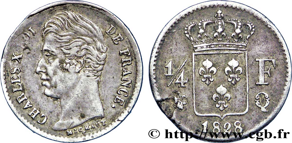 1/4 franc Charles X 1828 Perpignan F.164/26 XF48 
