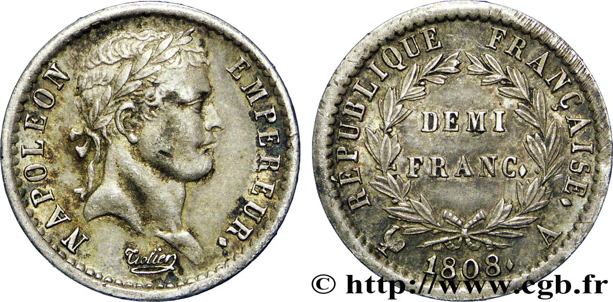 Demi-franc Napoléon Ier tête laurée, République française 1808 Paris F.177/2 TTB53 