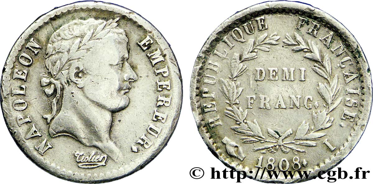 Demi-franc Napoléon Ier tête laurée, République française 1808 Limoges F.177/8 BB40 