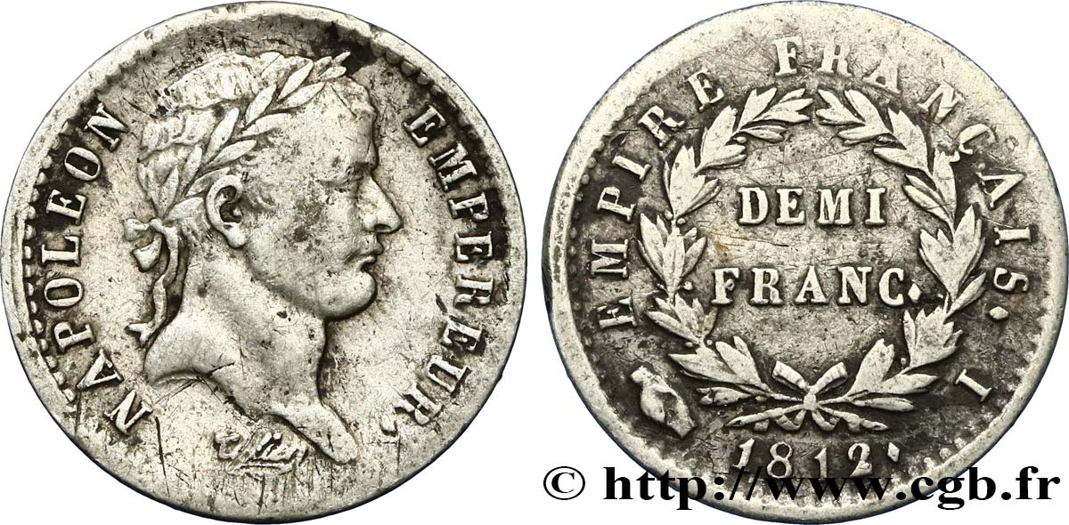 Demi-franc Napoléon Ier tête laurée, Empire français 1812 Limoges F.178/39 TB35 