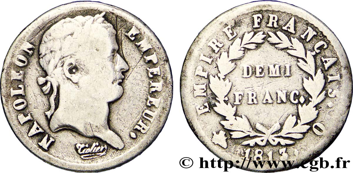Demi-franc Napoléon Ier tête laurée, Empire français 1813 Perpignan F.178/59 B13 