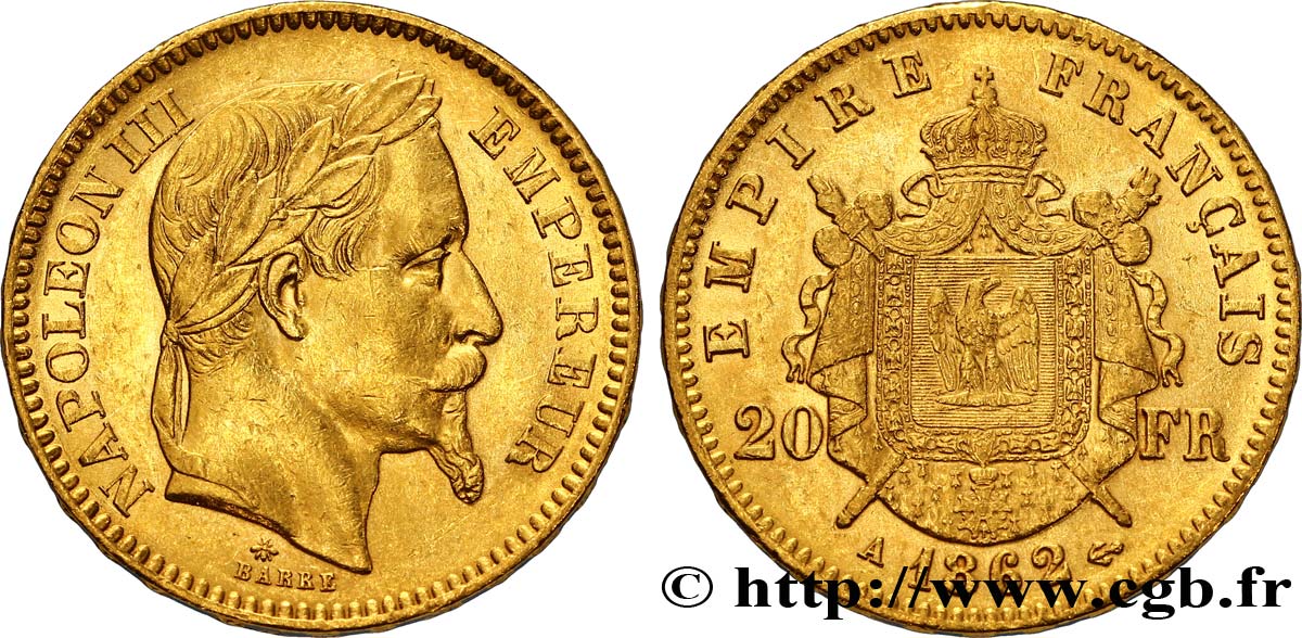 20 francs or Napoléon III, tête laurée 1862 Paris F.532/3 XF48 