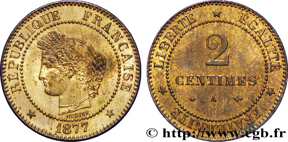 2 centimes Cérès 1877 Paris F.109/2 SUP60 