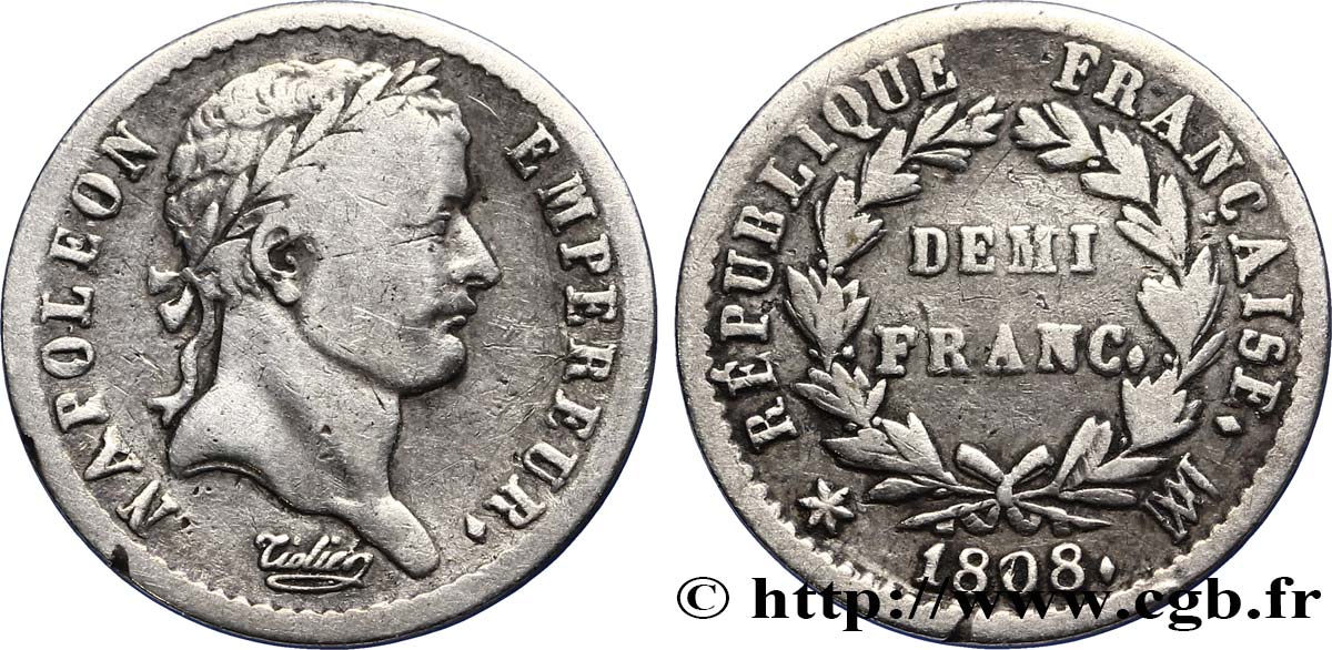 Demi-franc Napoléon Ier tête laurée, République française, buste fin 1808 Marseille F.177/12 TB25 