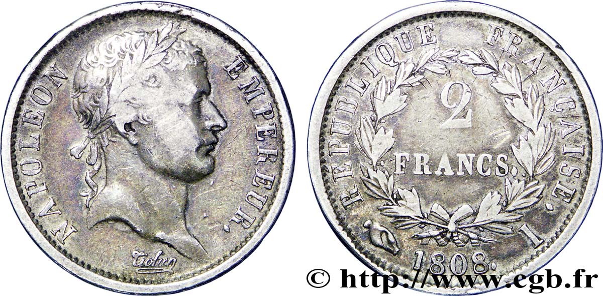 2 francs Napoléon Ier tête laurée, République française 1808 Limoges F.254/6 VF38 