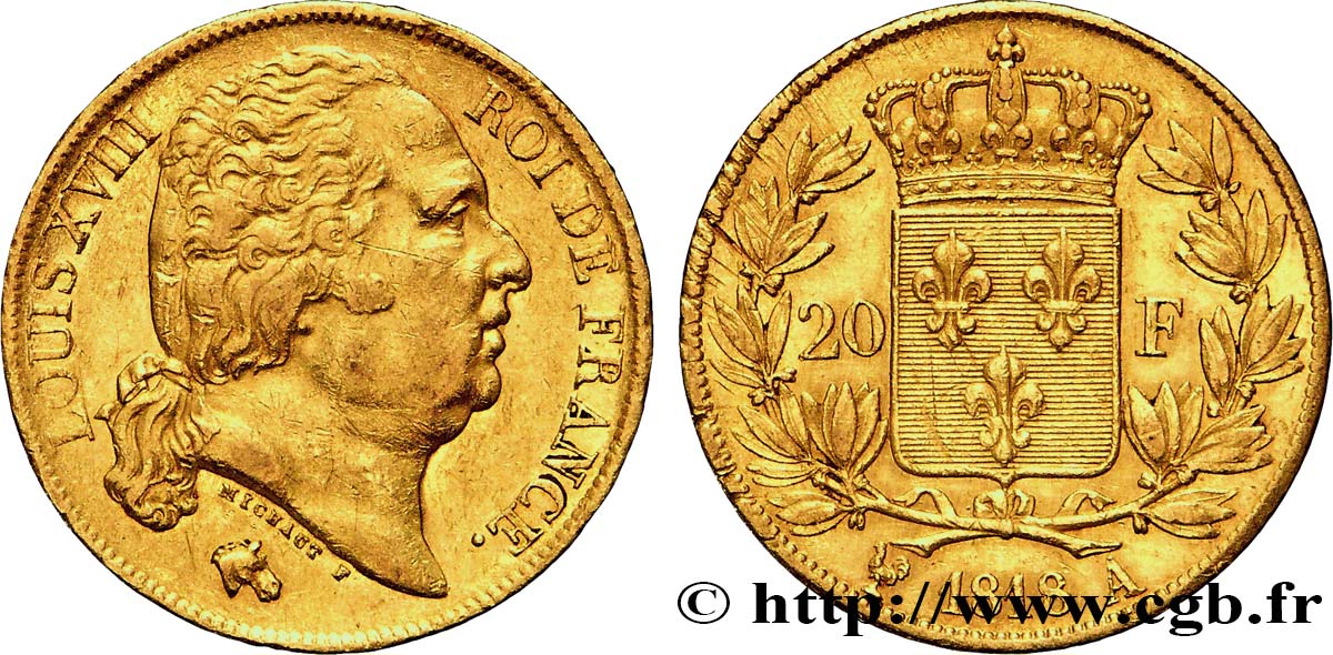 20 francs or Louis XVIII, tête nue 1818 Paris F.519/10 XF48 