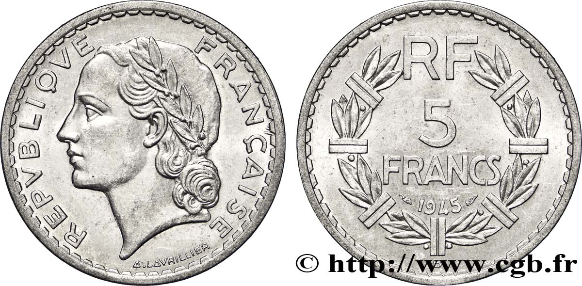 5 francs Lavrillier, aluminium 1945 Beaumont-Le-Roger F.339/4 VZ60
