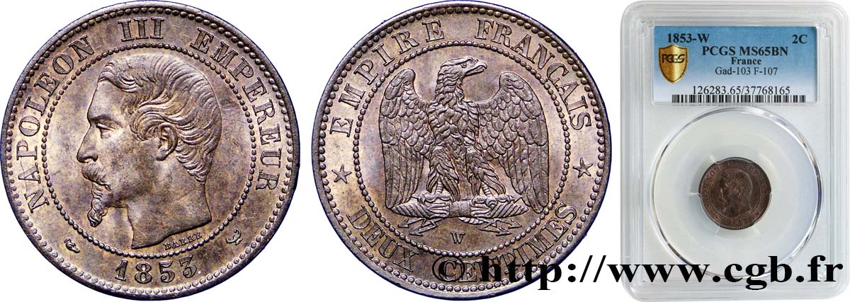 Deux centimes Napoléon III, tête nue 1853 Lille F.107/8 MS65 PCGS