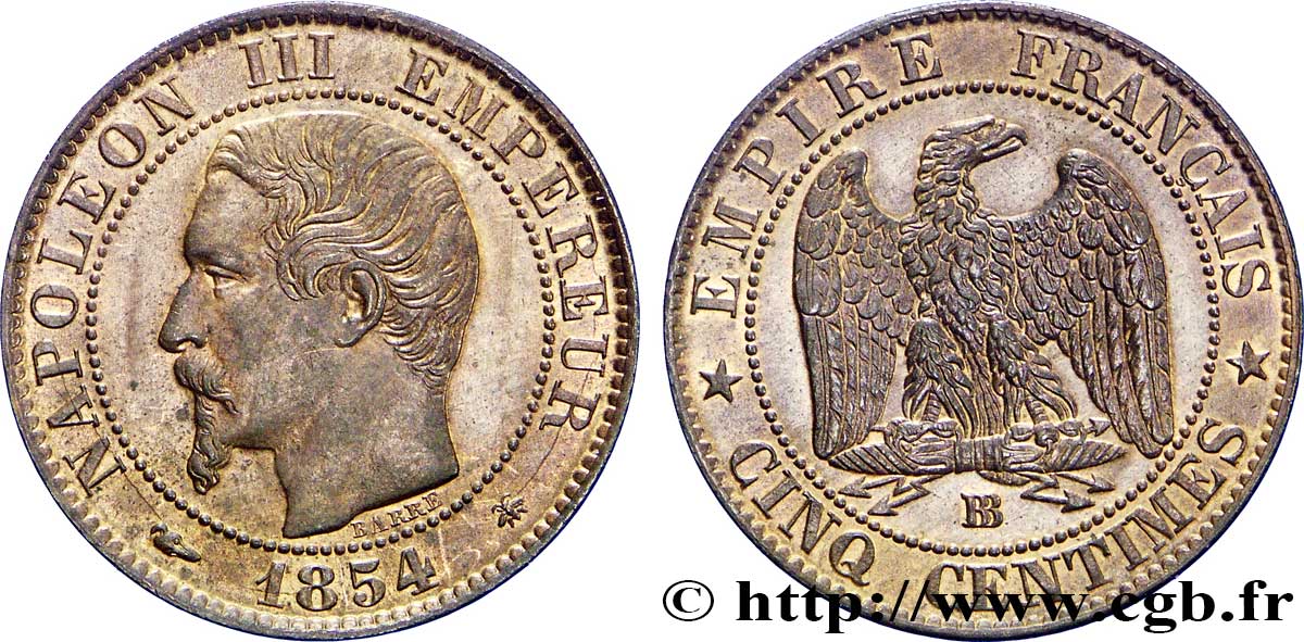 Cinq centimes Napoléon III, tête nue 1854 Strasbourg F.116/10 SUP58 