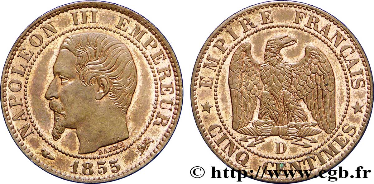 Cinq centimes Napoléon III, tête nue 1855 Lyon F.116/22 VZ60 