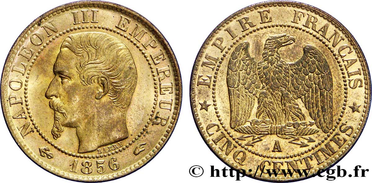Cinq centimes Napoléon III, tête nue 1856 Paris F.116/30 SUP62 