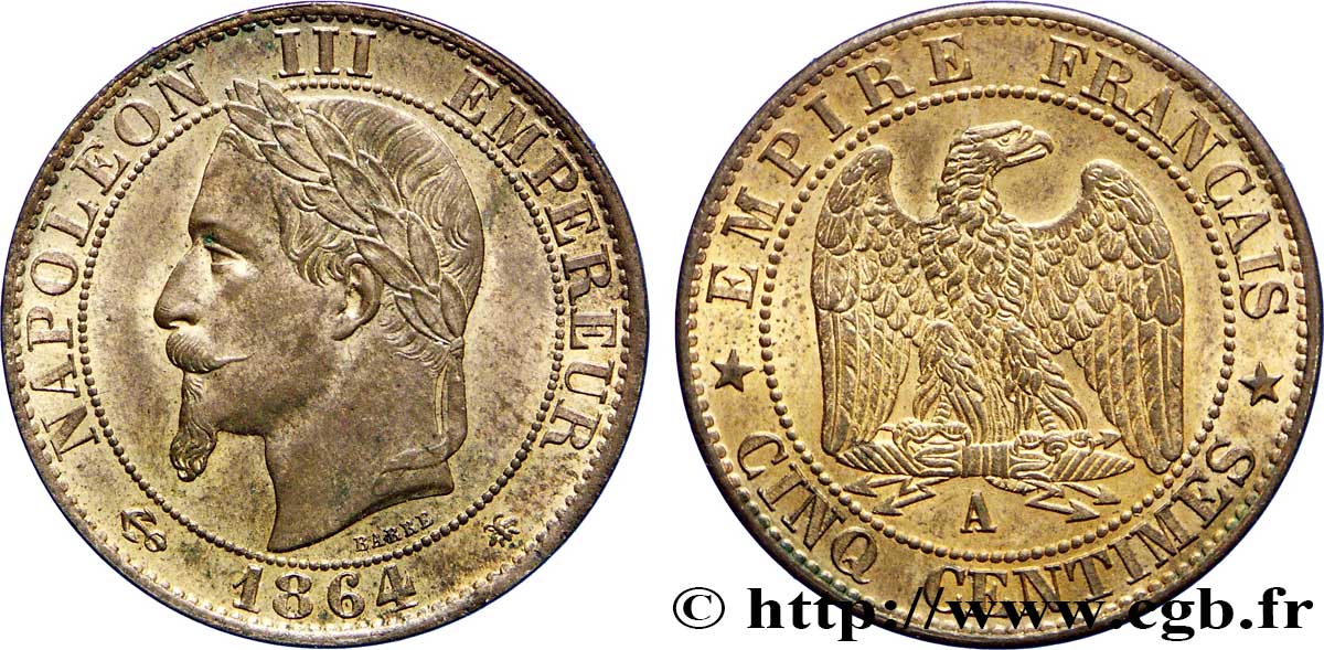 Cinq centimes Napoléon III, tête laurée 1864 Paris F.117/13 EBC57 