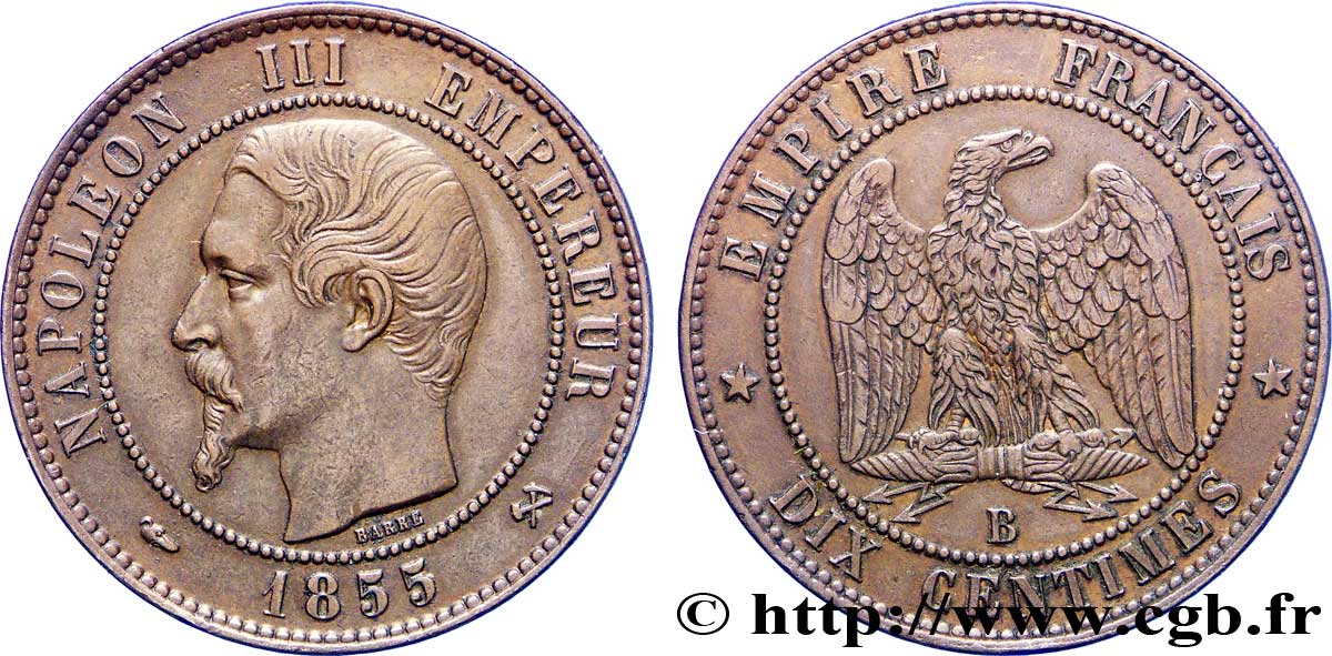 Dix centimes Napoléon III, tête nue 1855 Rouen F.133/21 MBC50 