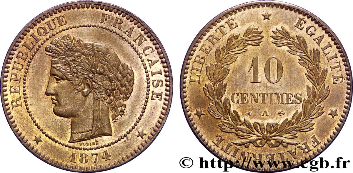 10 centimes Cérès 1874 Paris F.135/12 MS60 
