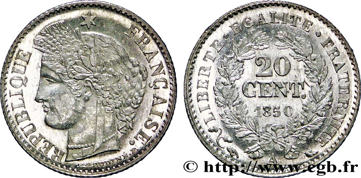 20 centimes Cérès, IIe République 1850 Paris F.146/2 SPL64 