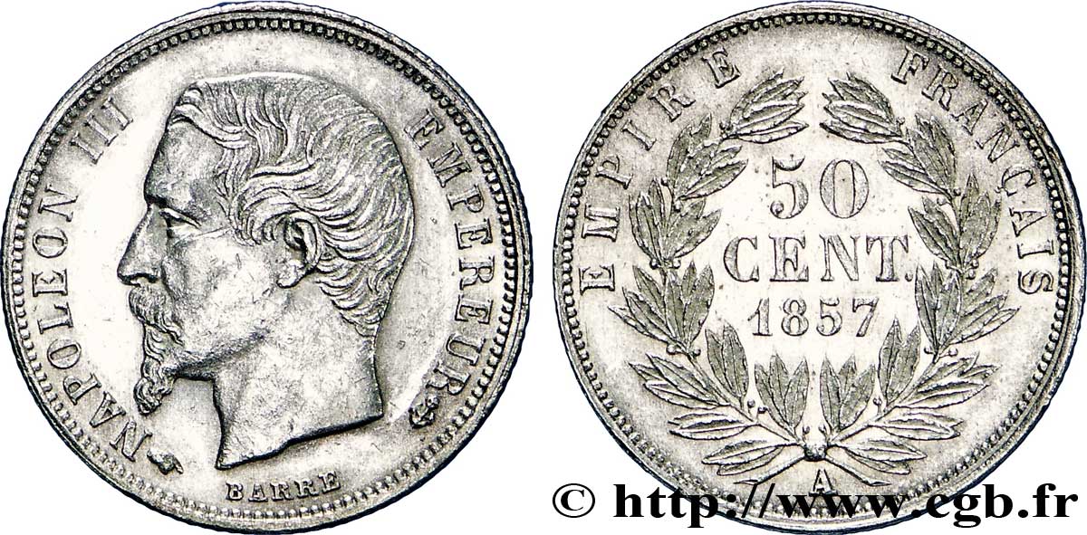50 centimes Napoléon III, tête nue 1857 Paris F.187/8 SUP58 