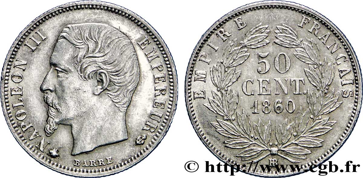50 centimes Napoléon III, tête nue 1860 Strasbourg F.187/14 MS60 