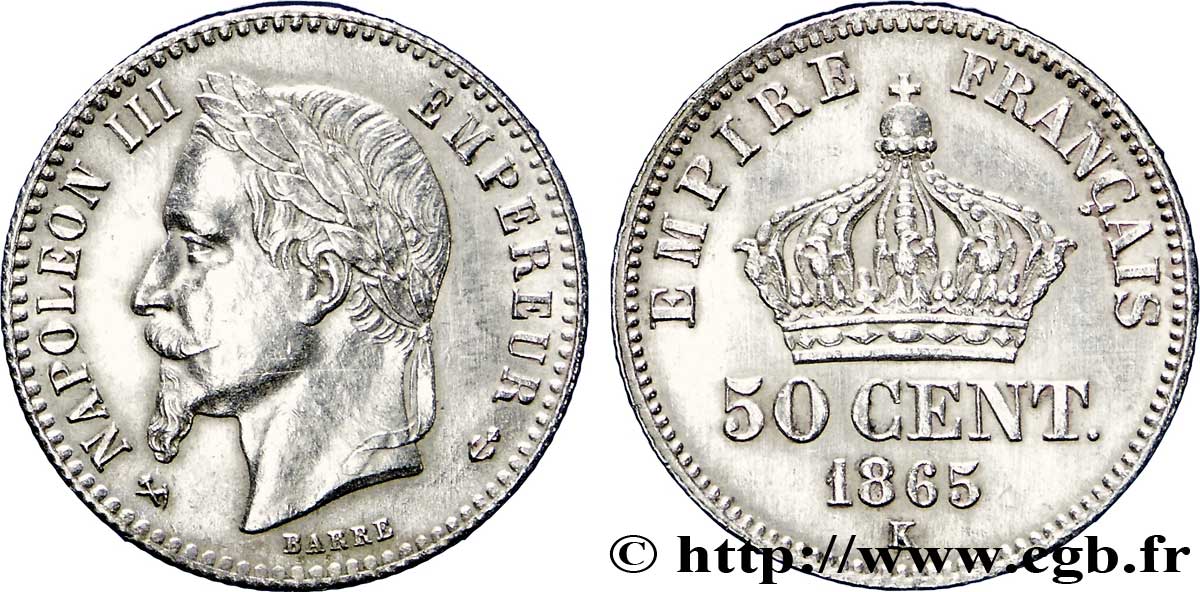 50 centimes Napoléon III, tête laurée 1865 Bordeaux F.188/8 AU58 