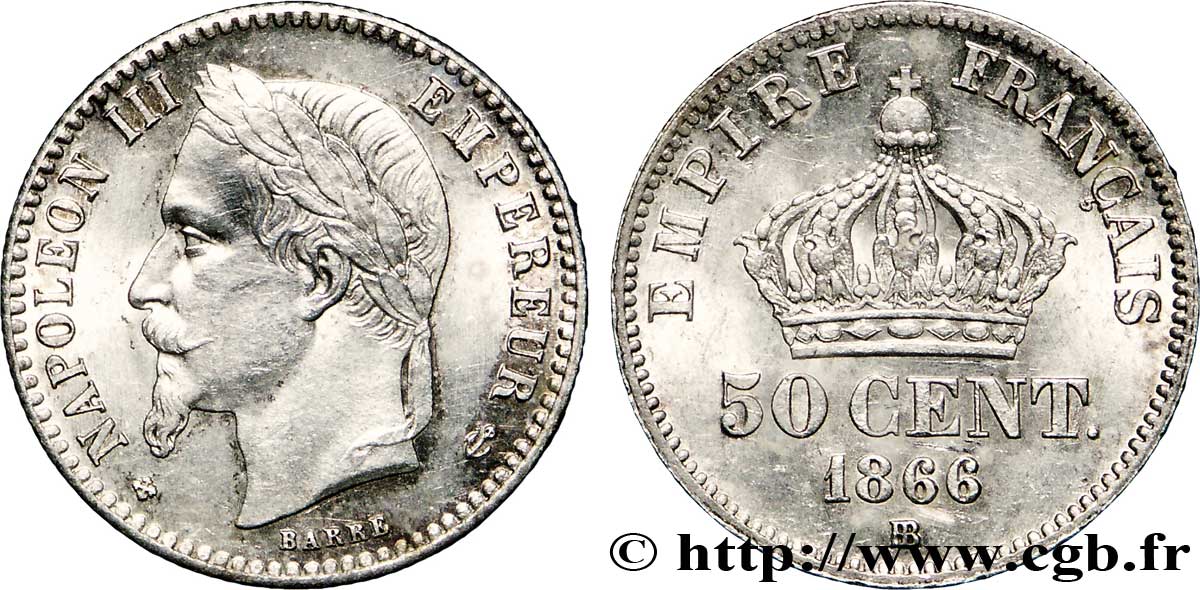 50 centimes Napoléon III, tête laurée 1866 Strasbourg F.188/10 SUP62 