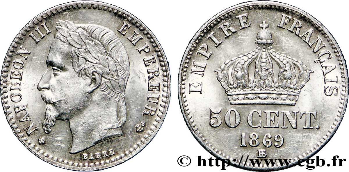 50 centimes Napoléon III, tête laurée 1869 Strasbourg F.188/23 SUP62 