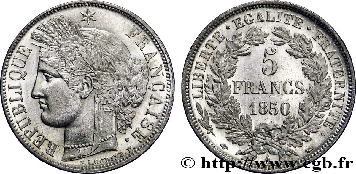 5 francs Cérès, IIe République 1850 Paris F.327/4 MS62 