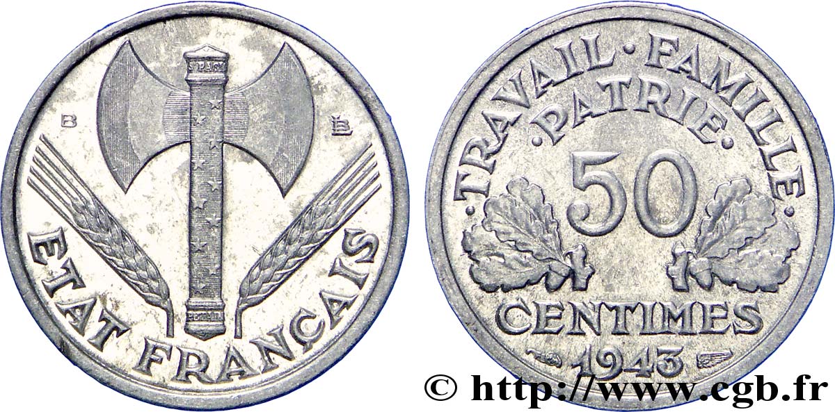 50 centimes Francisque, légère 1943 Beaumont-Le-Roger F.196/3 SUP60 