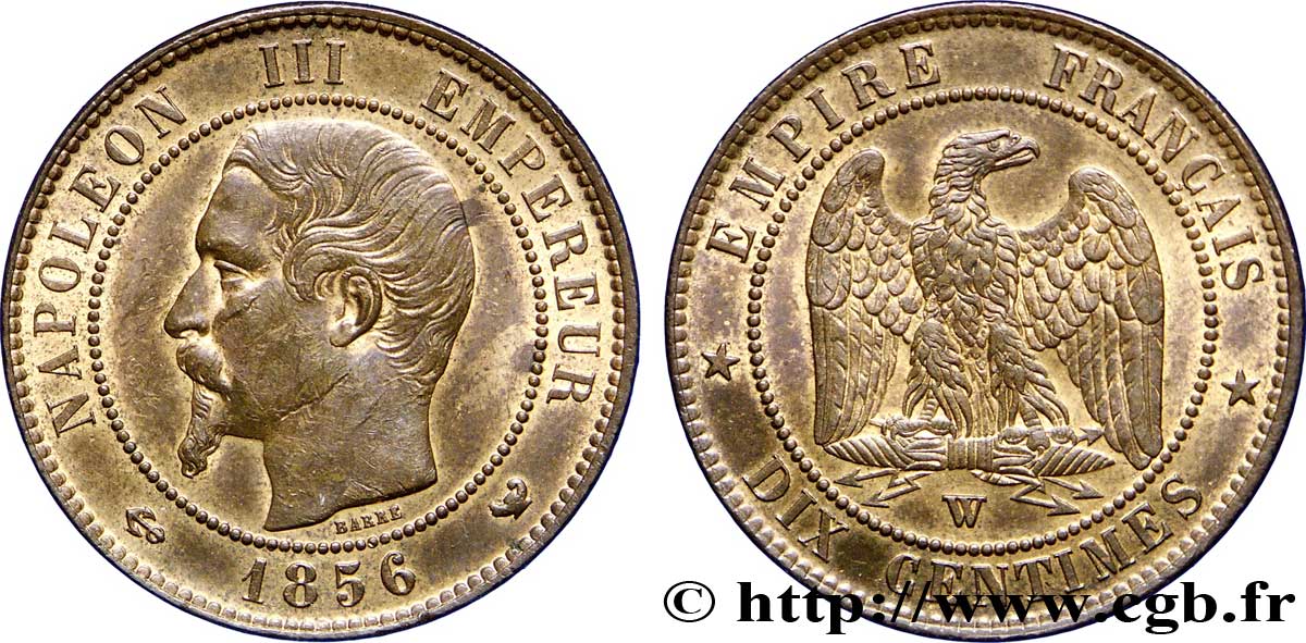 Dix centimes Napoléon III, tête nue 1856 Lille F.133/40 AU58 