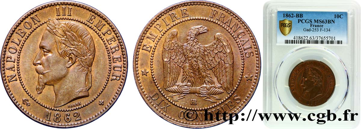 Dix centimes Napoléon III, tête laurée 1862 Strasbourg F.134/8 SPL63 PCGS